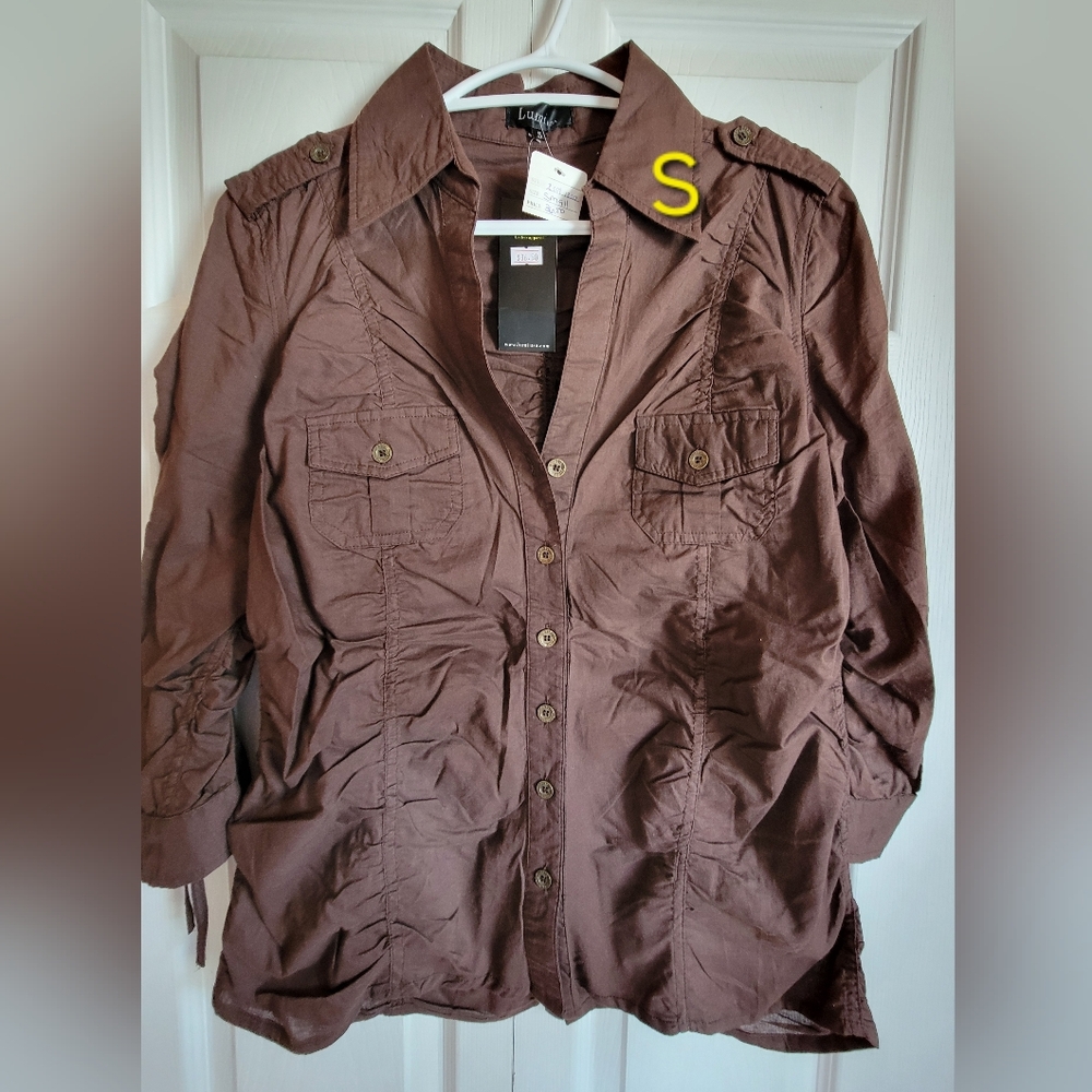 Lumi Women's Brown Button Down Shirt With 3/4 Sleeve Size Small
